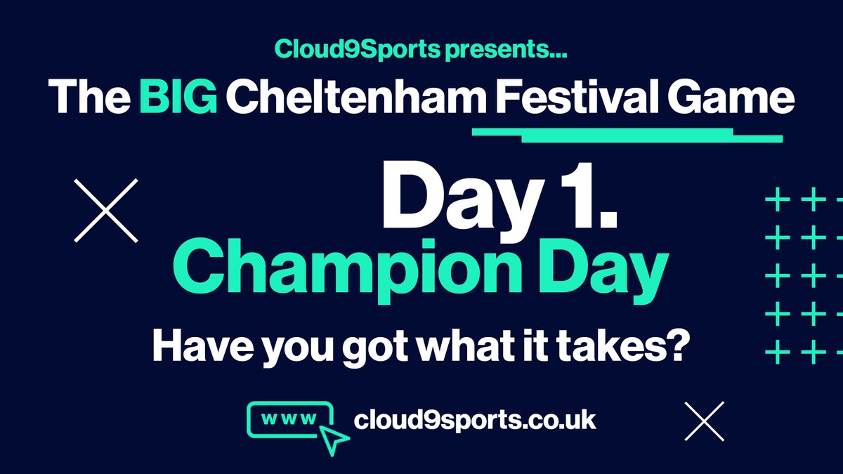 DAY 1 - CHAMPION DAY 🏇

The first day of the #CheltenhamFestival is HERE!

SIGN UP before 12pm for the chance to WIN £250: cloud9sports.co.uk 

#C9S #Cloud9Sports #HorseRacing #CheltenhamFestival
