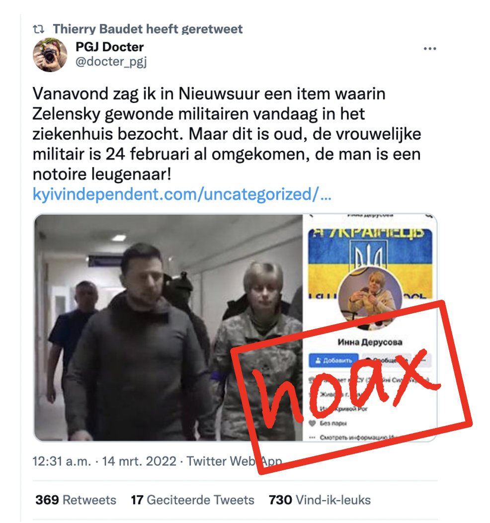 Nee, Zelensky loopt in recente video niet naast vrouw die al in februari omkwam. Dat was Inna Derusova. Vrouw in video heet Tetiana Ostashchenko. Baudet verspreidt dus een valse beschuldiging , ook aan het adres van Nieuwsuur. Factcheck: politifact.com/factchecks/202…