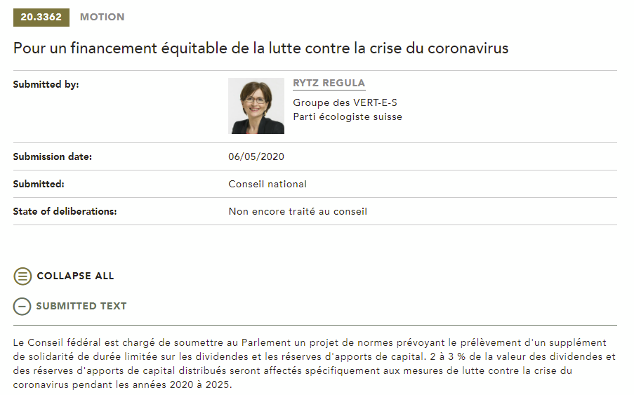 covid_ch's tweet photo. Ce matin, le parlement se positionne sur au moins deux motions pour un financement dit 'solidaire' de la crise covid (soit via un point de solidarité sur grosse fortune, soit les dividendes).

Réponse dans la journée sur l'acceptation ou non de la chose

@Prezioso2 , @RegulaRytz https://t.co/bNP8qkl2zd