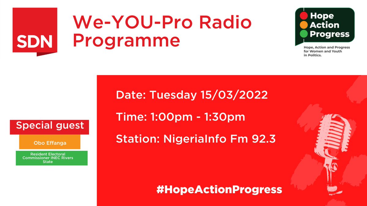 SDNNigerDelta's tweet photo. Today on the #WeYOUProRadioProgramme we will be joined by the Resident Electoral Commissioner, INEC Rivers State, Barr. Obo Effanga.
Topic: Continuous voter registration (CVR) decentralization in Rivers State.
Tune in at 1:00pm-1:30pm
Station: @NigeriaInfoPH 92.3
#WeYOUPro https://t.co/nzNa763T9O