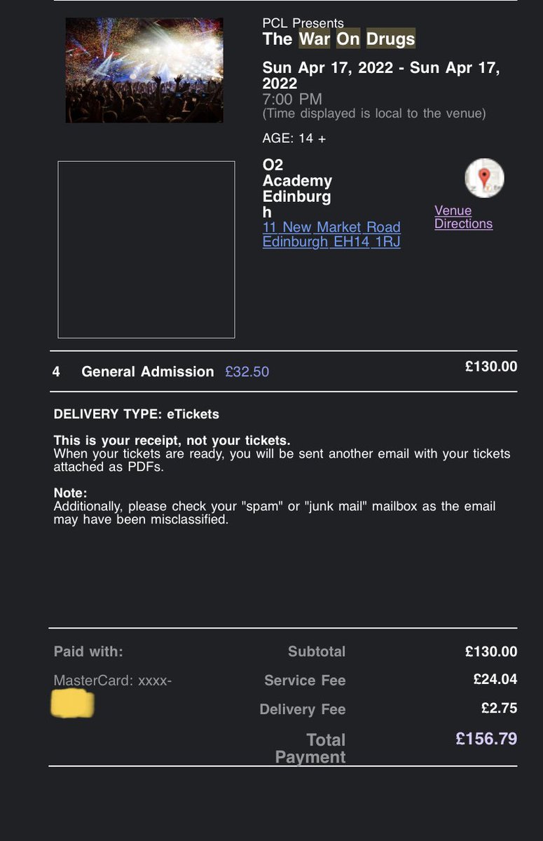 Selling 4x tickets for the war on drugs Edinburgh April 17