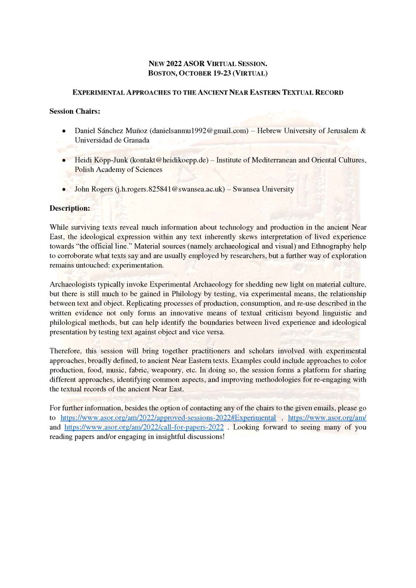 PsamtikandState's tweet photo. Today is the deadline for our virtual ASOR session 'Experimental approaches to the ancient Near Eastern textual record'
Get your abstracts in at https://t.co/qqA9OJTUmv ! https://t.co/5Qc8aCuvlx