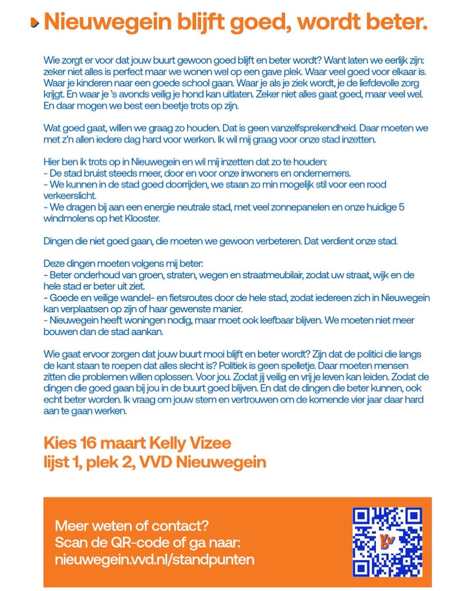 Vandaag en morgen kan er gestemd worden!
Weet je nog niet op wie je moet stemmen?
Maak kennis met Kelly Vizee en lees waar zij trots op is en wat er volgens haar beter kan in Nieuwegein.

Stem lijst 1, kandidaat 2