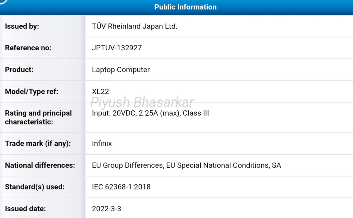 TechKard's tweet photo. Upcoming #infinix laptop is listed on TÜV Rheinland certification.

Model no. XL22

45W charging support.

#InfinixInBook #InBook https://t.co/CCQfgU57p6