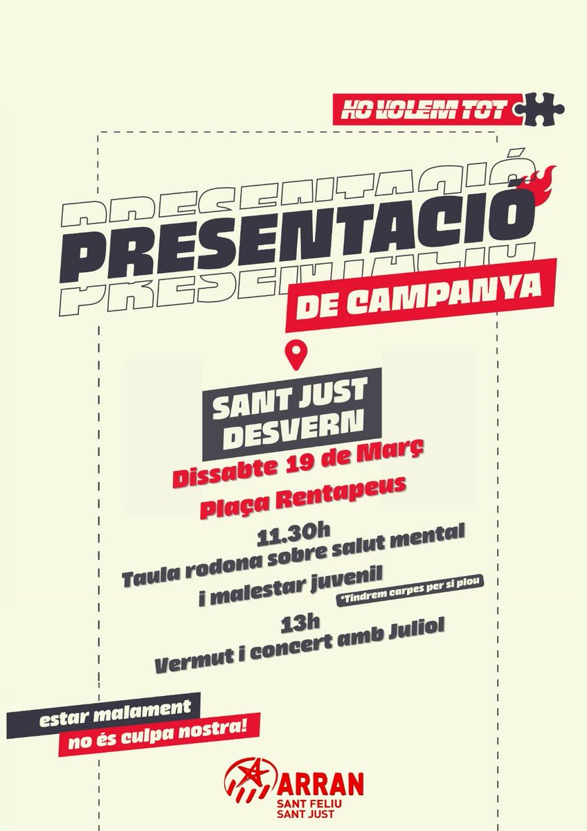 🧩PRESENTACIÓ HO VOLEM TOT🧩

💥Us esperem aquest dissabte 19 de març a StJust per parlar sobre salut mental i malestar juvenil!

🔥 Hi haurà concert de la mà de Juliol i vermutet!

☔ Que no us espanti la pluja, tindrem carpes i farem caliu

📍 Plaça Rentapeus
🕑 11:30h