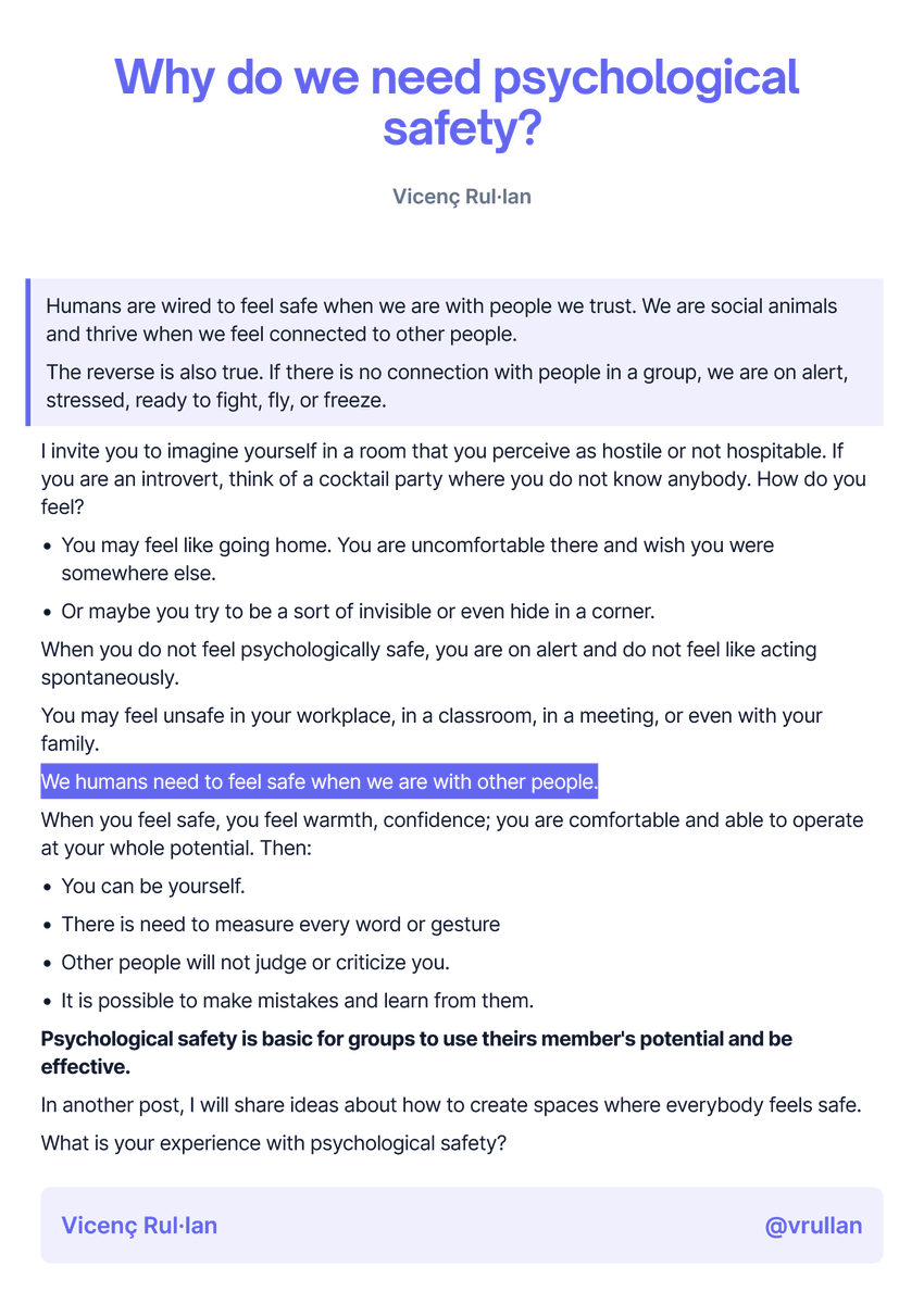 vrullan's tweet photo. Psychological safety is the belief and feeling that you can be yourself in a group. You are comfortable and donโt need to measure every word for fear of being judged or criticized.
#psychological_safety
#community_building
#bullying https://t.co/IbGIMYA44F