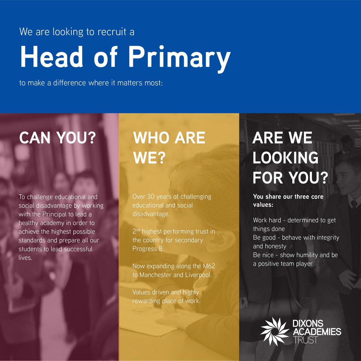 We are looking for a Head of Primary to join the Outstanding, all-through Dixons Trinity Chapeltown in Leeds.   

Visit dixonsat.com/join/jobs for full details.

Visit our YouTube channel lnkd.in/eXCX5hpn