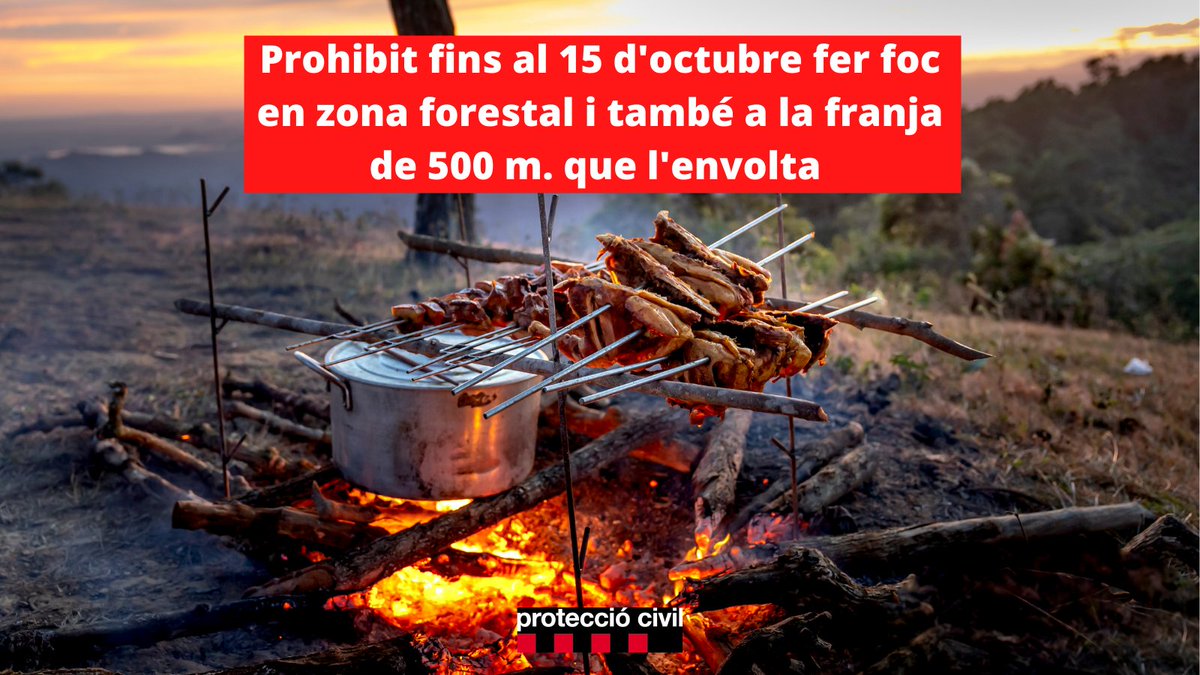 emergenciescat's tweet photo. 🔴 Des d'avui i fins al 15 d'octubre queda PROHIBIT fer foc en zona forestal i també a la franja de 500 metres que l'envolta

Si veus foc o fum truca ràpidament al @112 https://t.co/MIv3nQi7mT