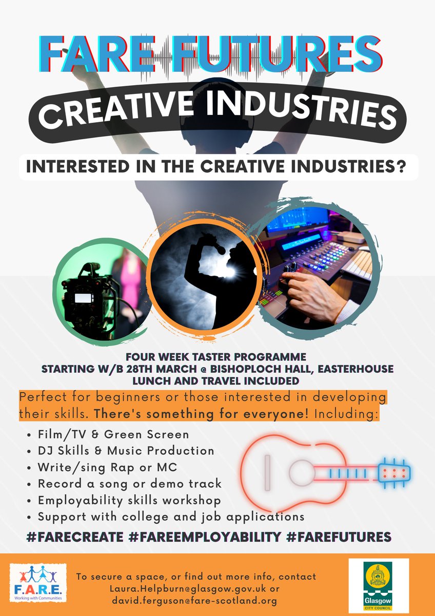 Interested in the Creative Industries?

We have a new <a href="/TBF_Glasgow/">Towards Better Futures</a> #FAREcreate programme starting Tuesday 29th March

Contact <a href="/LauraLHepburn/">Laura Hepburn</a> for more information