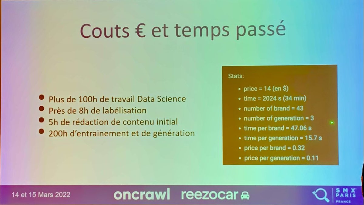 La création de textes avec de l’IA nécessite beacoup de travail humain : datascience, écriture, labellisation…
Conf #SMXParis très intéressante merci <a href="/cubilizer/">Erlé ALBERTON 🧞‍♂️</a> et <a href="/VincentTerrasi/">Vincent Terrasi</a> pour le partage.