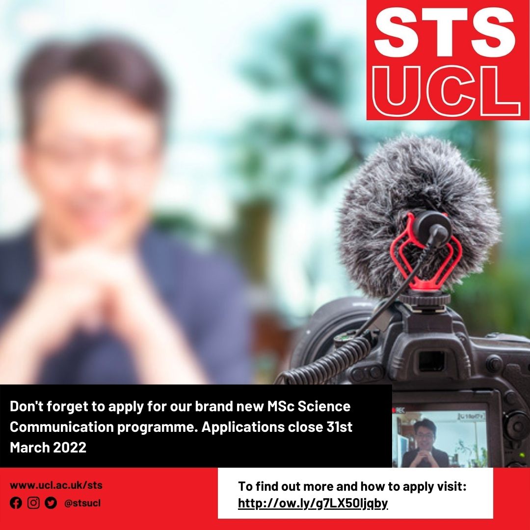 stsucl's tweet photo. Still time to apply for our brand-new MSc Science Communication programme. Deadline 31st March 2022
For more details and how to apply:
https://t.co/c6jaG0PJDM
#scicomm #scienceinfluencers #globalscicomm #sciencecommunication #STS https://t.co/DVVWVOGAXf