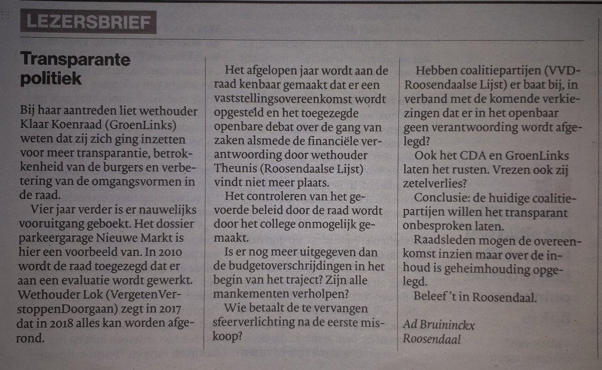 Mooie lezersbrief in de krant vandaag. Over hoe wij álles mogen betalen, maar niet alles mogen weten.

Waarom moet er van alles geheim blijven in #Roosendaal? Zodat we er later niemand op kunnen afrekenen?

#Verkiezingen #Politiek