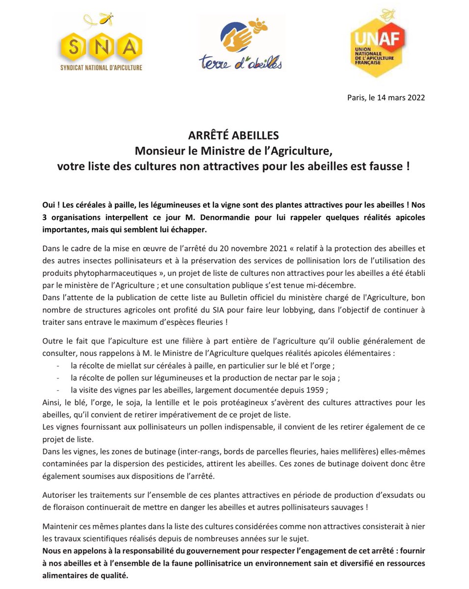 Le <a href="/SNApiculture/">SNA Apiculture</a> ,l <a href="/UNAFapiculture/">UNAF Apiculture</a> et <a href="/TerredAbeilles/">Terre d'Abeilles</a> interpelle le ministre <a href="/J_Denormandie/">Julien Denormandie</a> sur la liste des plantes non attractives pour les abeilles 🐝
