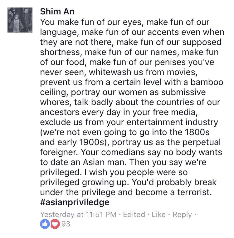 genghisbruh's tweet photo. No one else would tolerate what Asian-Americans do, and that's nothing to be proud of. In a cutthroat might makes right society like America, it's pathetic. Asian privilege is the expectation that we can be verbally, physically, and mentally abused with impunity. #AsianPrivilege https://t.co/2KgelEqtHQ