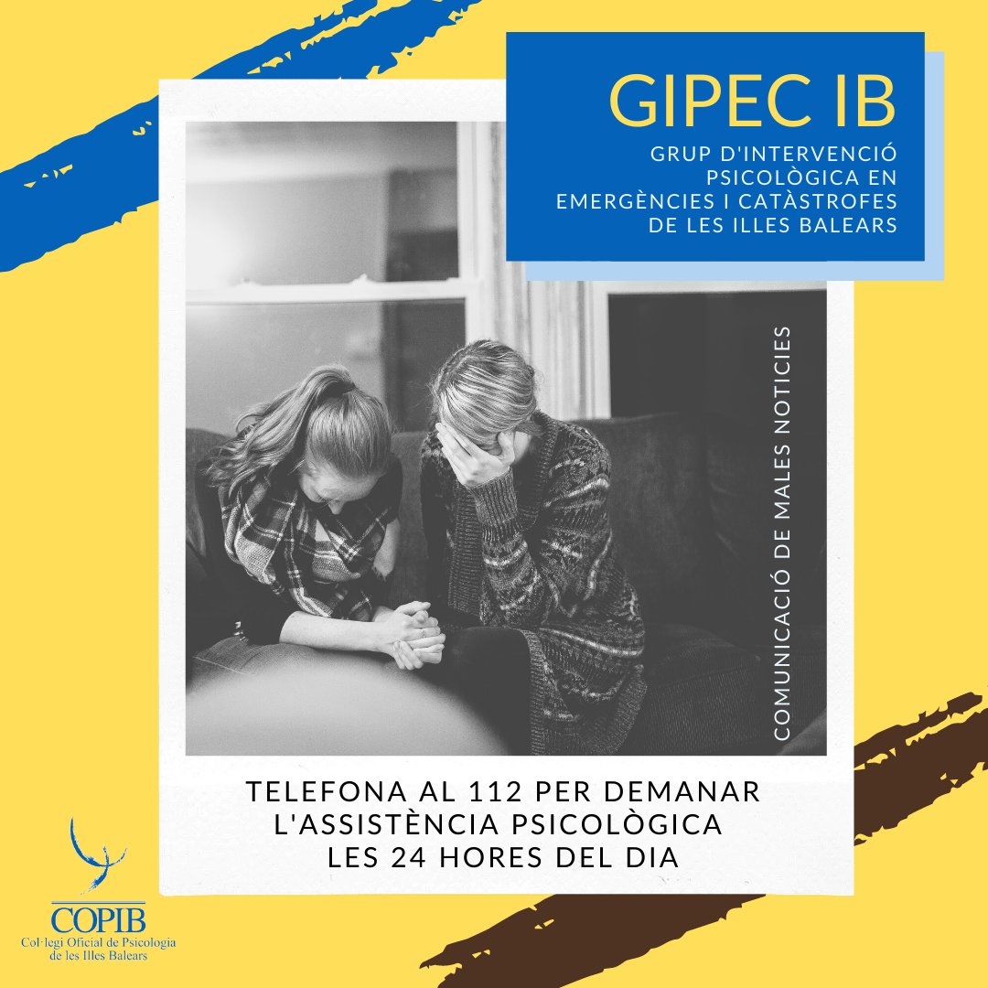 COPIB's tweet photo. GIPEC IB Recordeu, podeu contactar amb el 112 per rebre ajudar psicològica en qualsevol situació de crisis o emergència, per poder suportar-la i superar-la.
#GIPECIB #COPIB #psicologiaiemergències #malesnotícies https://t.co/KALA9iZjWA