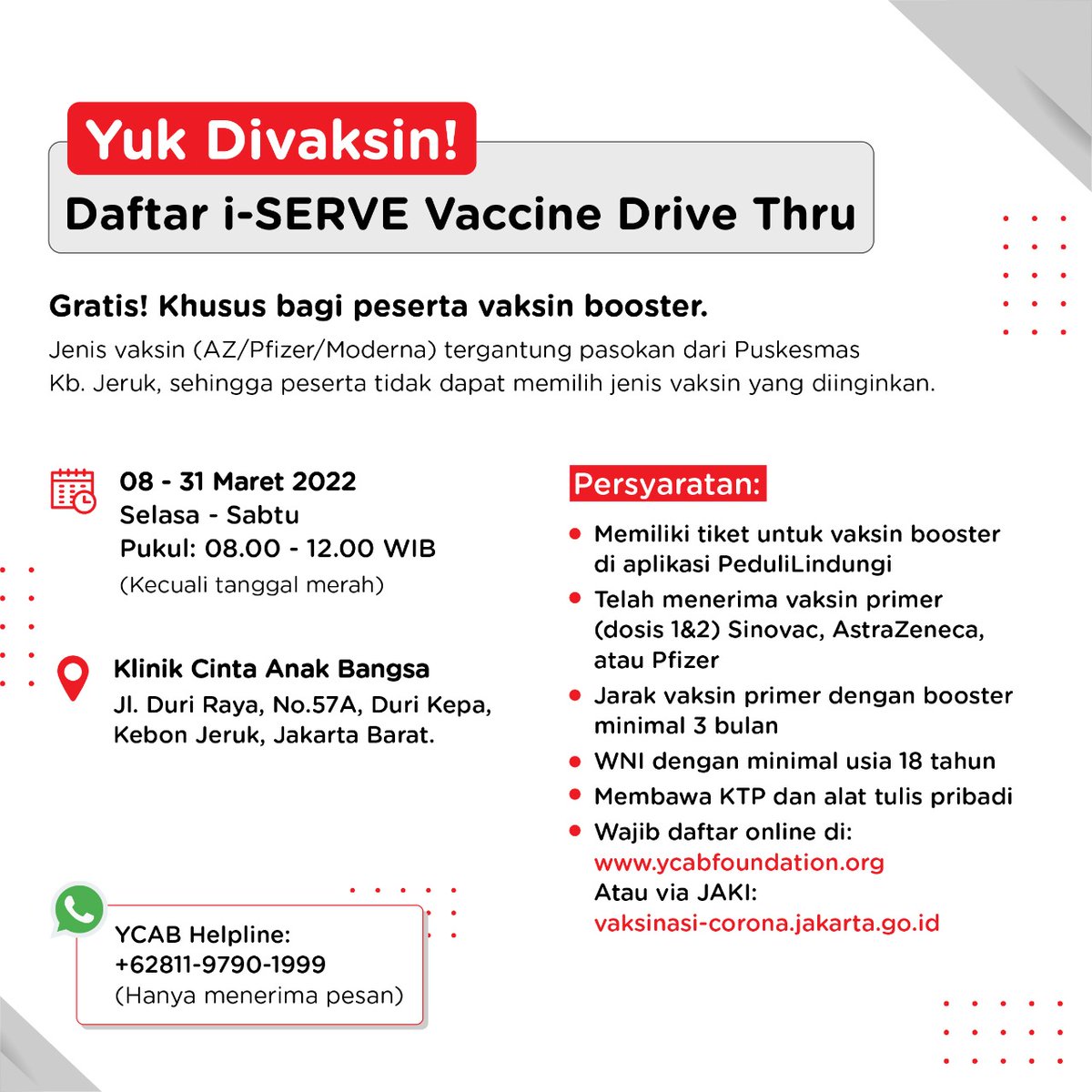 ycabfoundation's tweet photo. Yuk segera daftarkan diri di i-SERVE Vaccine melalui link yang ada di bio atau JAKI. Jangan lupa juga untuk terus patuhi protokol kesehatan ya YCABers!
#ExtensionOfGoodness #AyoVaksin #Covid19 #iservevaccine #Jakarta https://t.co/pXKAbs1mfs