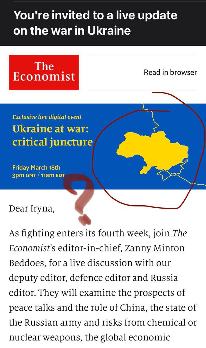 sea_inside3's tweet photo. Today 20th day of war in Ukraine. 

20 days we wake up from air alarms. Every day russians are killing Ukrainian people and destroying Ukrainian cities. 

And today my colleague received an email from @TheEconomist, where Crimea is marked as Russian.

The Economist, are you ok? https://t.co/A1KW2VjOaZ