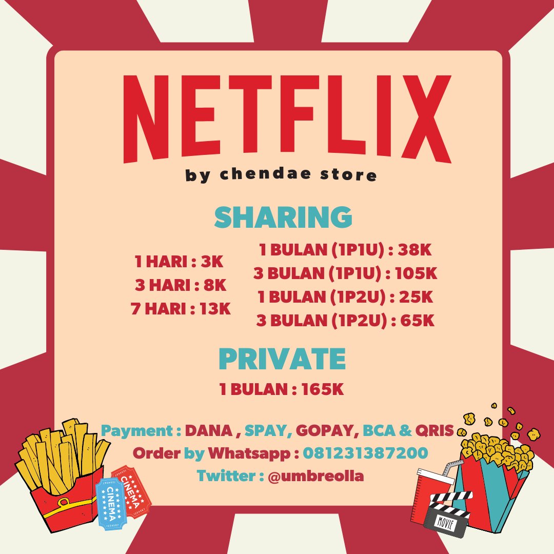 buvrag's tweet photo. @Iarismanis hi kak!
mau jajan netflix yuk bisa banget di @umbreolla 🍿

💫 trusted 100%
💫 bergaransi
💫 fast proses

💰 e wallet &amp; qris 
📩 order bisa dm atau wa fast respon https://t.co/DMgeI9cGzJ https://t.co/GGhBRSWonM