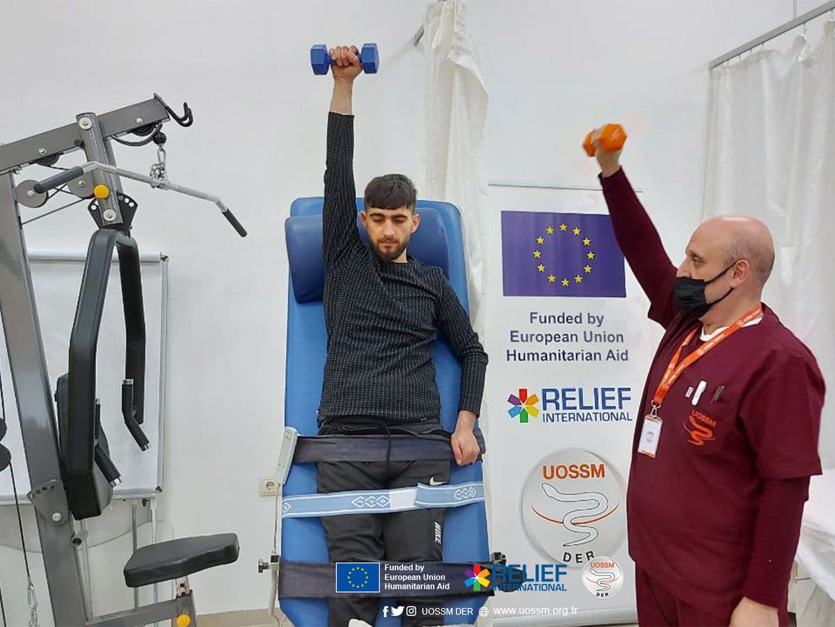 UOSSMDER's tweet photo. Ghaith suffers from spinal cord injury. He visited the UOSSM PR Center in Gaziantep funded by @ECHO_Turkey in a partnership with @ReliefIntl. With the support of the physical therapist, Heysem Kanjo, Ghaith received rehabilitation sessions to strengthen his upper limbs. https://t.co/031t6A29k3