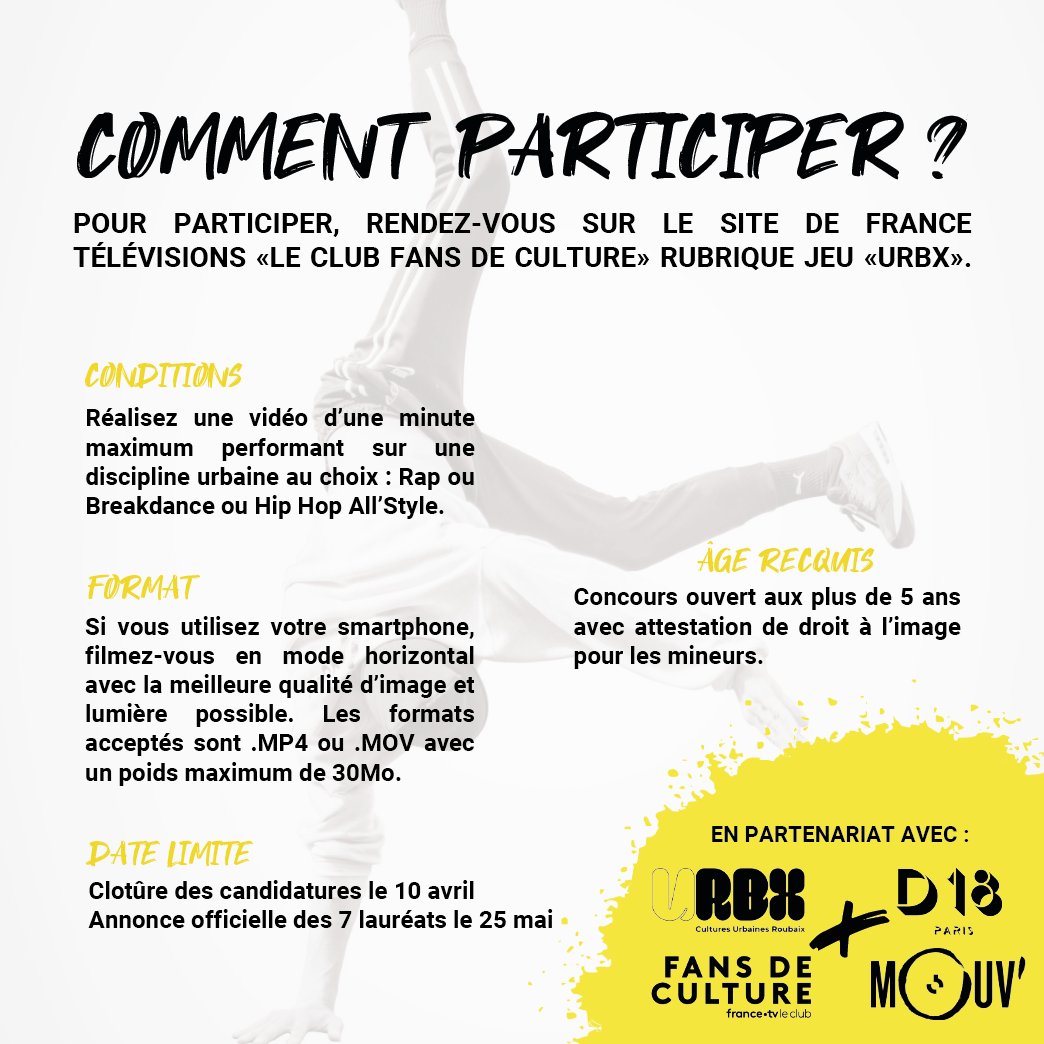 roubaix's tweet image. #CONCOURS Des fans de hip-hop ou de breakdance à #Roubaix ? #URBXFestival débarque du 15 au 26/06. A cette occasion, participez au concours mis en place en partenariat avec @leclubfrancetv, @mouv et D18, et venez vous produire sur la Grand Place ➡️ francetelevisions.fr/le-club/le-clu… 🤳