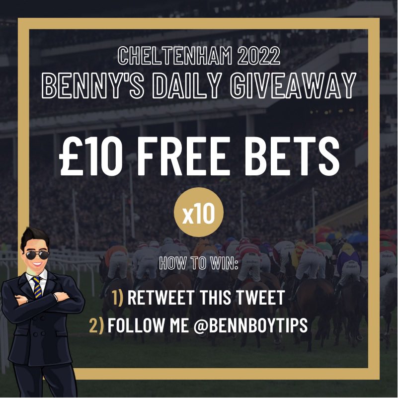 BennyBoyTips's tweet photo. 🏇 CHELTENHAM GIVEAWAY!

🎁 £10 Free Bets - x10

I’m going to give 10 of my followers a £10 free bet to kick things off today.

Here’s how you can win:

🔁 RETWEET this tweet
📱 FOLLOW me @BennyBoyTips 

Winners will be announced shortly so flick notifications on 🔔 Benny. https://t.co/cQCIhoUDzD