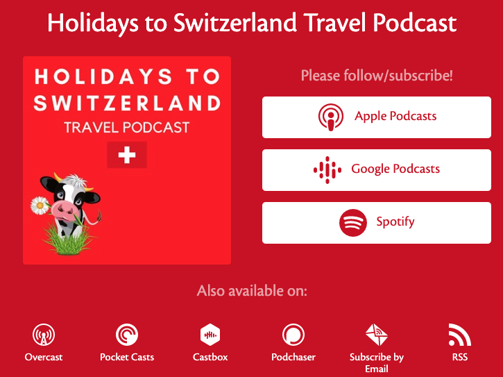 Eager to learn more practical tips to help you plan your dream vacation to Switzerland?  Subscribe or follow the Holidays to Switzerland Travel Podcast for your fortnightly dose of Swiss inspiration.
Click here: followthepodcast.com/HTSTP