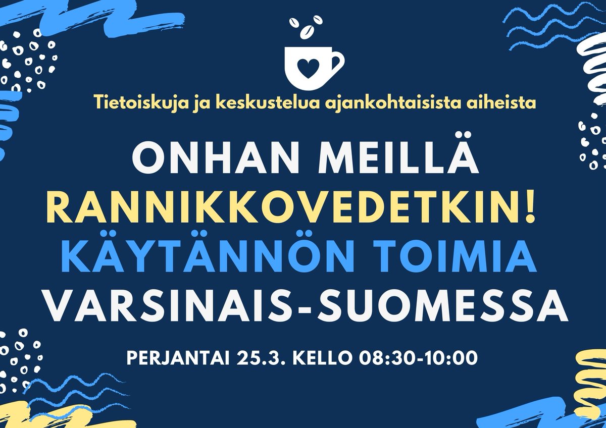 MarjaKosme's tweet photo. Seuraavilla Vesistökunnostajien aamukahveilla siirretään katseet vaihteeksi rannikkovesiin :). Tervetuloa kuulolle ja keskustelemaan perjantaina 25.3. klo 8.30-10! Ohjelma ja osallistumislinkki (Teams):  https://t.co/5aC68kd84L #vesistökunnostusverkosto https://t.co/GELyefwLFp