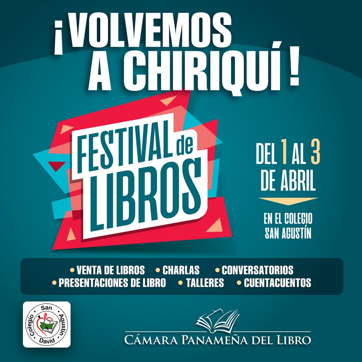 EdOceanoPanama's tweet photo. ¡El Festival de libros vuelve a Chiriquí!
Desde ya tomar nota que a principios de abril llegaremos al Colegio San Agustín de David, Chiriquí con muchos libros y eventos literarios.
Organizado por la Cámara Panameña del Libro.
#FestivaldeLibros #eventospty #VentadeLibros https://t.co/aNrnP7pF8g