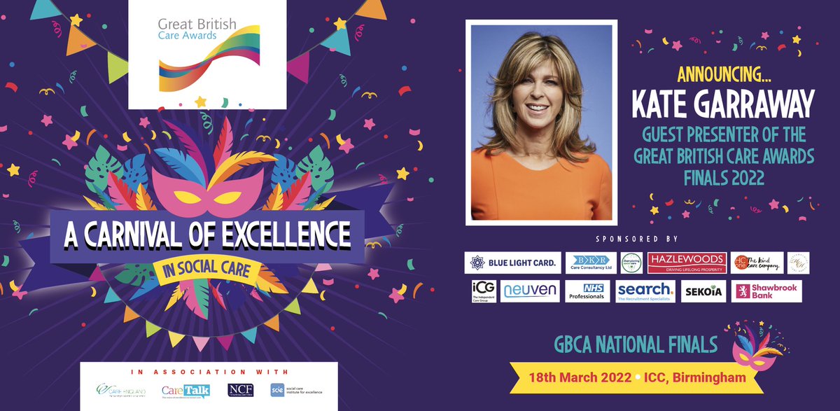 GBcareawards's tweet photo. We are so excited that the inspirational @kategarraway will be presenting at Fridays National Finals @GBcareawards 

We look forward to paying tribute to the best of the best in #socialcare &amp;
with 1100+ people attending it promises to be a great celebration! #ThankYouSocialCare https://t.co/2miTjXthJW