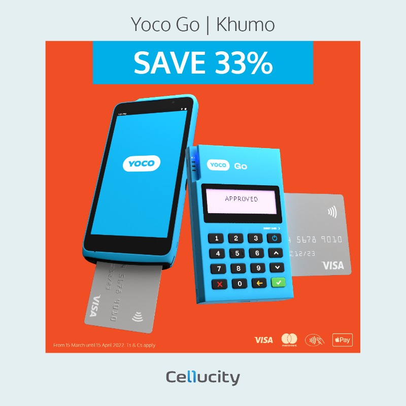 Cellucity's tweet photo. SAVE 33%. Yoco Go R199. Yoco Khumo R499.
Simple to use, reliable, & transacts instantly, so you never miss a sale. Buy yours at a Cellucity outlet or shop online https://t.co/RkxOyUxt5M
From 15 March - 15 April 2022. Ts & Cs apply.
@yoco_za
#neverstopstarting #restartwithyoco