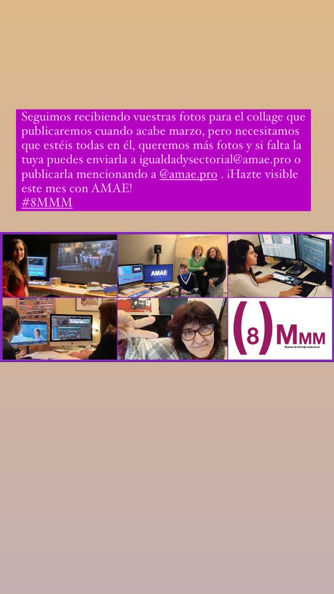 AMAE_pro's tweet photo. Seguimos recibiendo vuestras fotos para el collage que publicaremos a finales de mes, pero necesitamos que estéis todas en él, queremos más fotos y si falta la tuya envíala a igualdadysectorial@amae.pro o en instagram mencionando a @amae.pro ¡Hazte visible con AMAE!
#8MMM https://t.co/uBNit8q3um