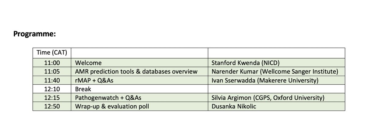 Looking forward to our session this Friday on #AMR Genomics Tools with @sangerinstitute's @kumarnaren13, @silargi from @TheCGPS, & Ivan Sserwadda from @Makerere. #genomicsurveillance #rMAP #PathogenWatch