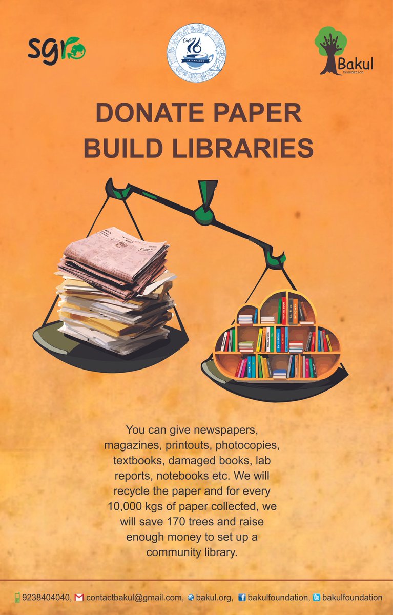 BakulFoundation's tweet photo. Thanks @sgrpvtltd for contributing Rs 27,186 for the Bus Library @kalabhoomibbsr from 3351 kgs of paper donated by well-wishers. You can contribute your paperto #DonatePaperBuildLibraries campaign at Bakul Library in Satyanagar or @Cafe16_SN https://t.co/vL3iSDvkb1
