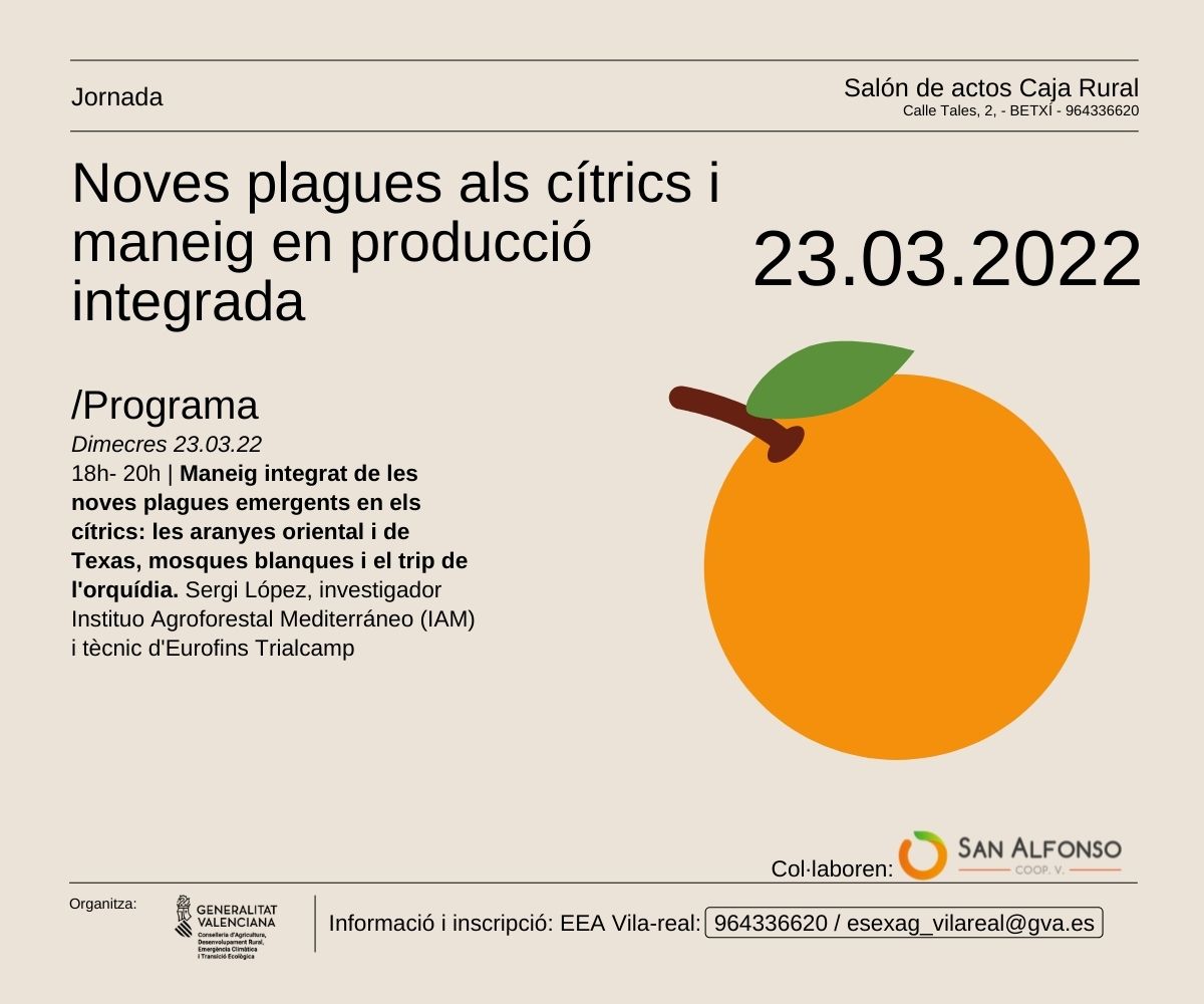 sanalfonsocoop's tweet photo. Nuevas plagas en cítricos. 🍊🍊🍊
Si quieres conocerlas ven a la próxima charla de formación de la Conselleria de Agricultura con la colaboración de San Alfonso. 
Puedes inscribirte en la Estación Experimental de Vila Real o en San Alfonso. @AAgroal @GVAagroambient @ajbetxi https://t.co/GQhWNPK1Cf