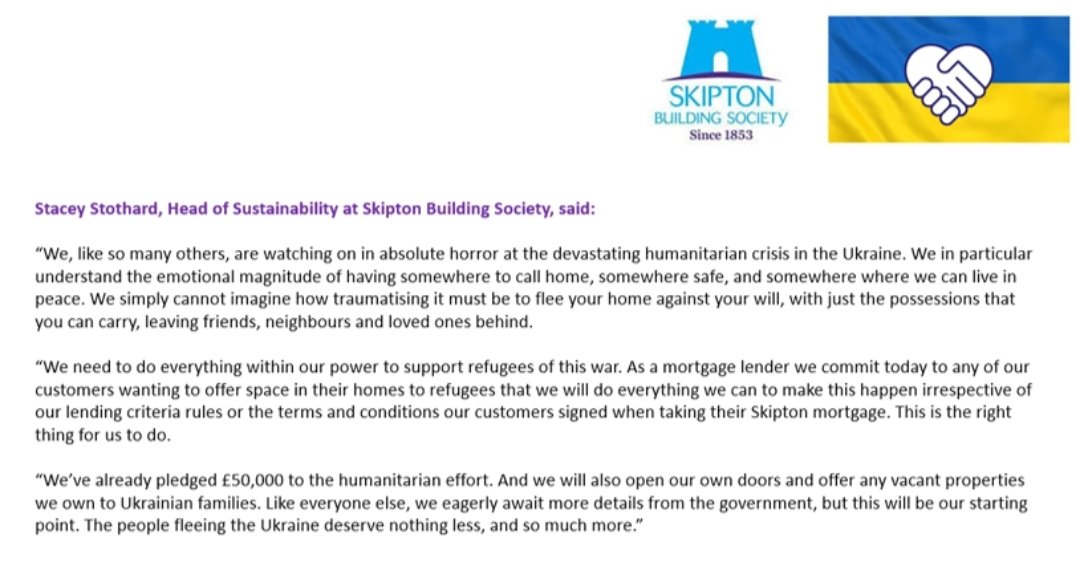 SkiptonBS_press's tweet photo. Today we pledge to do everything we can to enable any of our borrowers wanting to be part of the scheme to house refugees fleeing from the Ukraine. The Society will also sign up to the scheme, offering any vacant properties it owns to refugee families. #StandWithUkraine 💙💛 https://t.co/n2Ydr4ZuHg