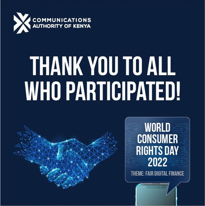 CA_Kenya's tweet photo. It's a wrap at the #WCRD2022!It's been a pleasure interacting with consumers on fair digital finance.We thank our high level panelists @smutoro @njorogep @Sitoyo @mugokibati, @ezraCHILOBA and @MarkMasai for a job well done!Let's keep the engagement alive! #CA4FairDigitalFinance https://t.co/dXI6OTuBXI