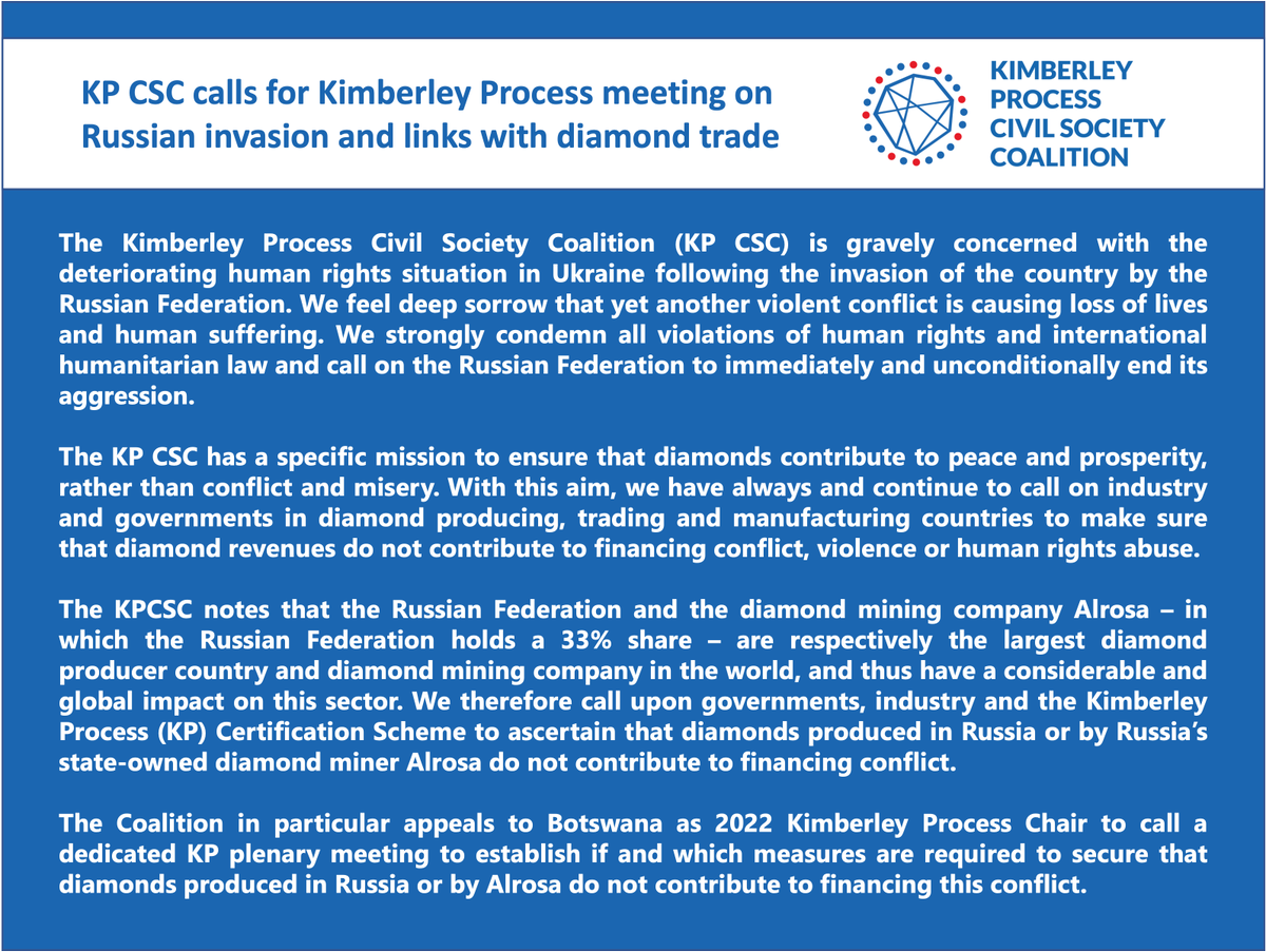 KPCivilSociety1's tweet photo. The KP CSC calls for a #KimberleyProcess meeting on #Russia's #UkraineInvasion and links with the #diamond trade:
https://t.co/a8Wr7UpCey https://t.co/IAXlhsbxjv