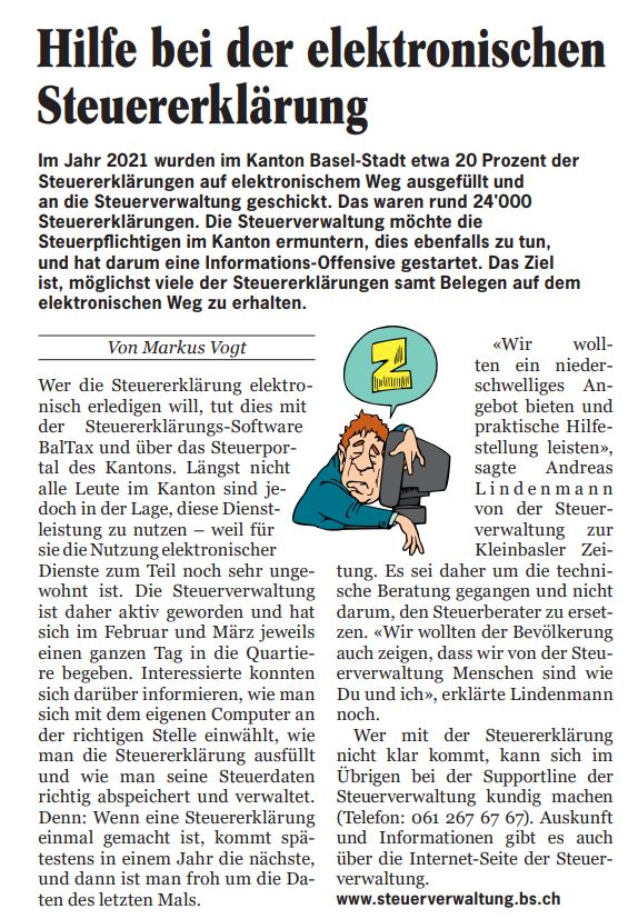 FinanzenBS's tweet image. Aus der aktuellen Ausgabe der Kleinbasler Zeitung 🙏
Heute ist das Team von BalTax Help Point noch bis 16 Uhr im Union im Kleinbasel und am Donnerstag im Familienzentrum Gundeli vor Ort. Mehr ℹ️: steuerverwaltung.bs.ch/baltax-help-po…