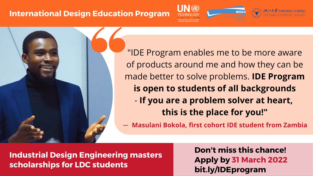 WEDC_'s tweet photo. Masulani Bokola, an #industrialdesign engineering student of #IDE Program @UNTechBank @WEDC_ @ZJU_China
Shared his real thoughts "I now give a lot of thought to how problems can be solved in innovative ways" 👉https://t.co/aRPc3HXzmY
Apply by Mar 31, 2022: https://t.co/mblcl1aFcA https://t.co/iGYWNhPWXv