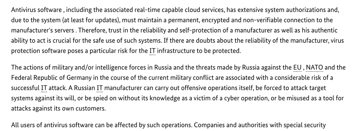 German Federal Office for Information Security issues a cybersecurity warning from the use of Kaspersky antivirus? Apparently Germany says that Kaspersky products "may be used in cyber operations"? Wow. bsi.bund.de/SharedDocs/Dow…