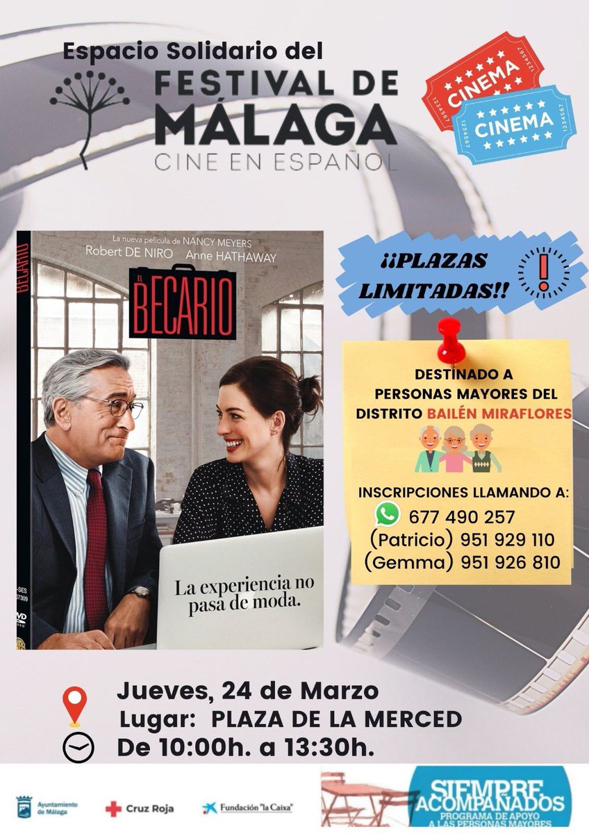 RocioVeraGar's tweet photo. 🎥En el marco del *Festival de Cine de Málaga* el programa Siempre Acompañados organiza una activad para las personas mayores y agentes de la comunidad implicados del Distrito Bailén Miraflores, te apetece?🍿
#siempreacompañados #soledad #personasmayores
⬇️ https://t.co/zOwSFBgLAz