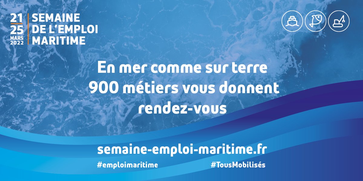 Du 21 au 25/03, @pole_emploi se mobilise pour le secteur maritime et fluvial lors de la "Semaine de l’#EmploiMaritime"

Près de 300 événements seront organisés pour mettre en avant les opportunités d’emploi et de formation du secteur ➡️ cutt.ly/LA7b5sO #TousMobilisés