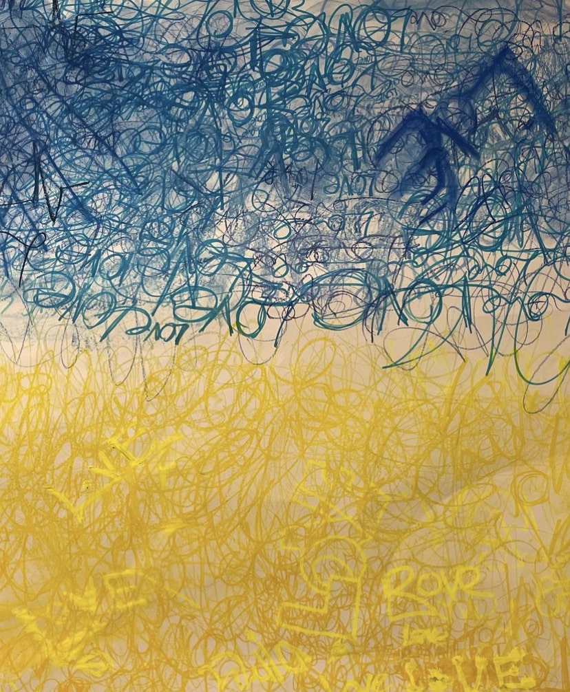 natsatclub's tweet photo. In a Masterclass with artist @BarnabyBarford 13–16-year-old National Saturday Club members from @mimauseful at @TeessideUni created a collaborative ‘love’ word-drawing for the people of Ukraine https://t.co/R3zsJwuDRJ