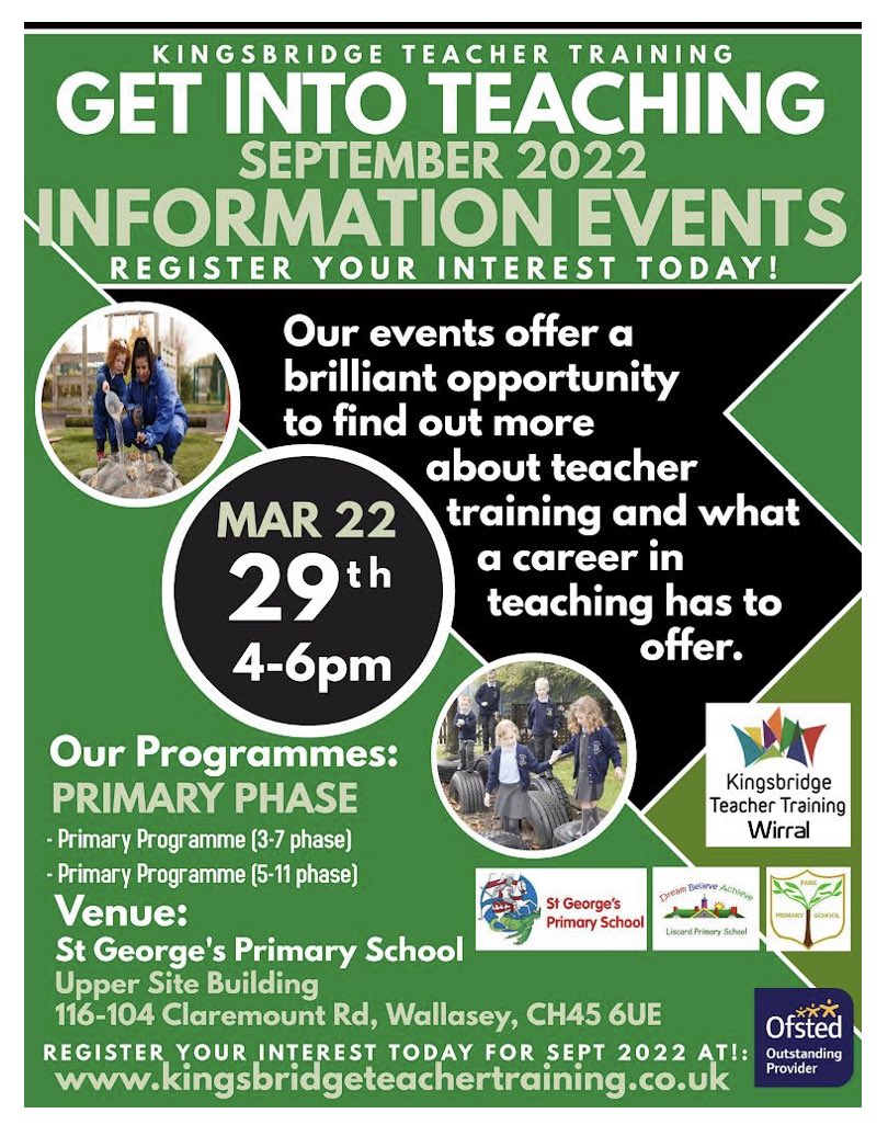 LiscardPrimary's tweet photo. If you are interested in the 'Get into Teaching' event... Here is the link to sign up https://t.co/sQG4Kczrm5

For any more information please contact Mrs Lakelin lakelina@liscard.wirral.sch.uk https://t.co/JtkJBnACRS