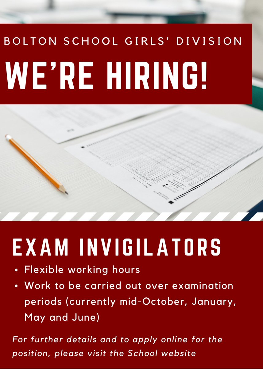 BoltonSch's tweet image. We are hiring!  Bolton School Girls&apos; Division are looking to recruit casual Exam Invigilators.  Please click here to apply: bit.ly/3IetvHk 

#examinvigilator #invigilator #boltonjobs #hiring