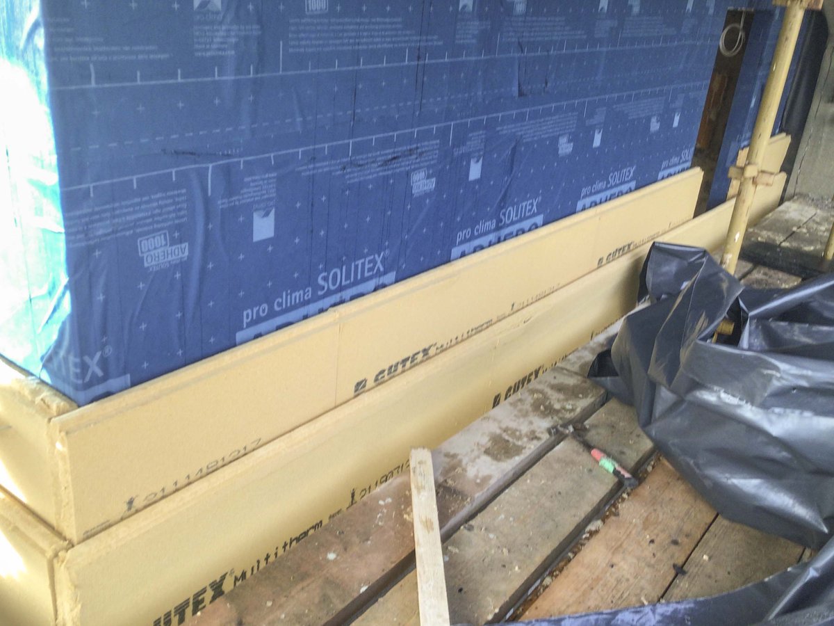 ecologicalbuild's tweet photo. Staggered layers of Gutex #Multitherm woodfibre being fixed onto #CLT and protected with @proclima #FrontaHumida breather membrane before brick cladding is applied. Installer: SK Stonemasons, Contractor: Smartbuild https://t.co/4CwtiKJXaS https://t.co/YHdOeOwZ61