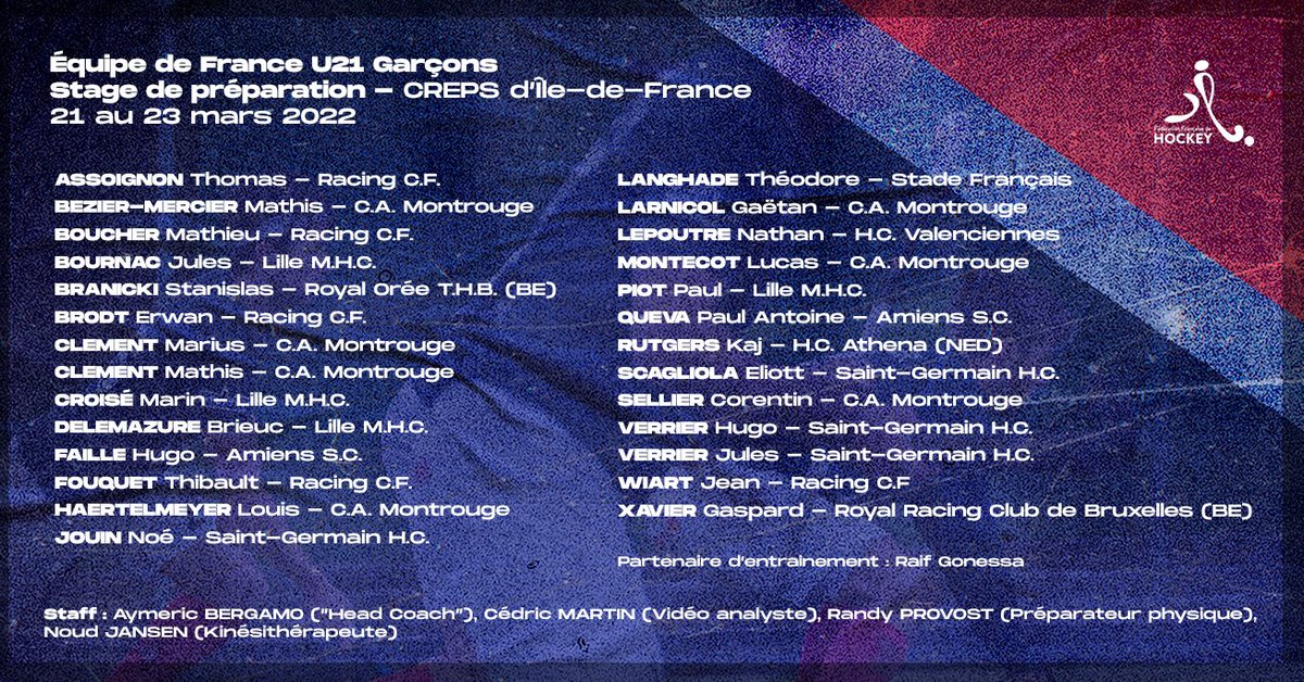 FF_Hockey's tweet photo. Les joueurs sélectionnés pour le groupe U21 de l'Equipe de France 🇫🇷 

En stage du 21 au 23 mars, l'Equipe de France U21 masculine se regroupe au @CREPSIDF pour un stage de préparation en vu du Championnat d'Europe de Genk 🇧🇪 prévu fin juillet 2022 🏆 https://t.co/kSx3lVpl0S