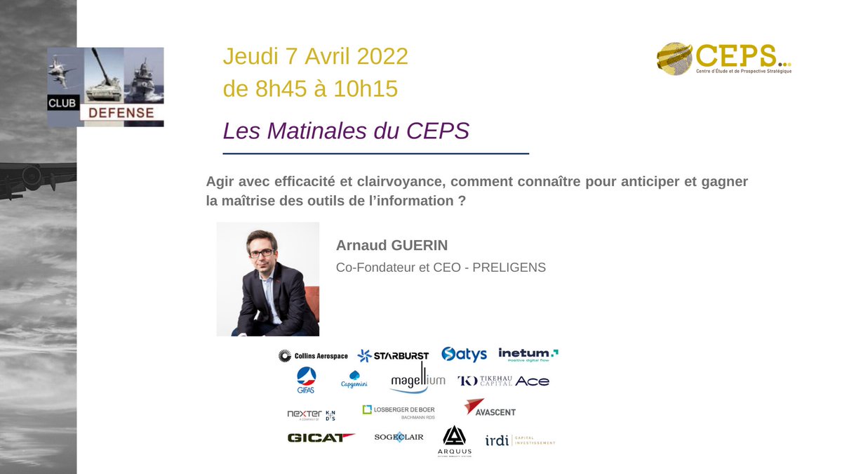 Participez à la session du Club Défense, le 7 avril, avec Arnaud Guérin. 

Il interviendra sur la thématique suivante : Agir avec efficacité et clairvoyance, comment connaître pour anticiper et gagner la maîtrise des outils de l’information ?

oandb.typeform.com/to/qrIPR6X0?ut…