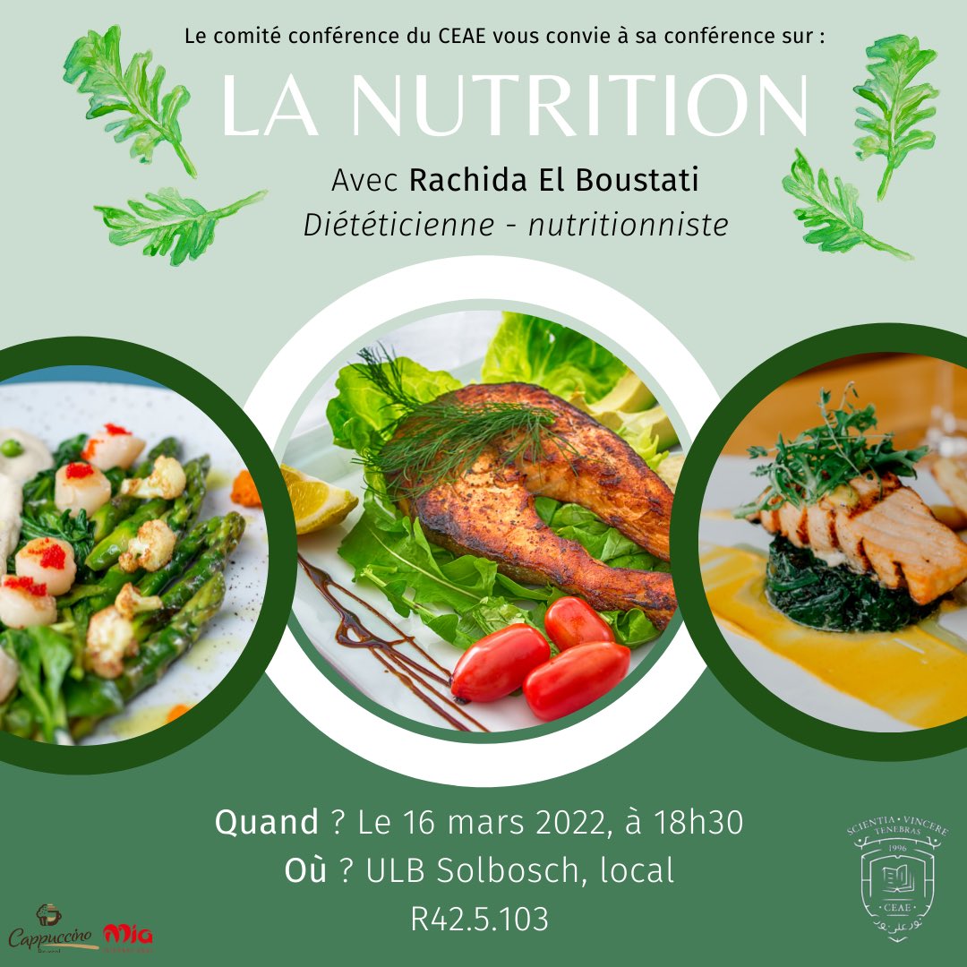 ceae_ulb's tweet photo. Le comité conférence du CEAE a le plaisir de vous convier à sa conférence sur la nutrition avec Rachida El Boustati.

Quand? Le 16 mars à 18h30
Où? A l'ULB R42.5.103
Comment? En s’inscrivant sur https://t.co/8aovVY0Srb

#ceae #nutrition #ulb #santé https://t.co/K1HjuFXikf