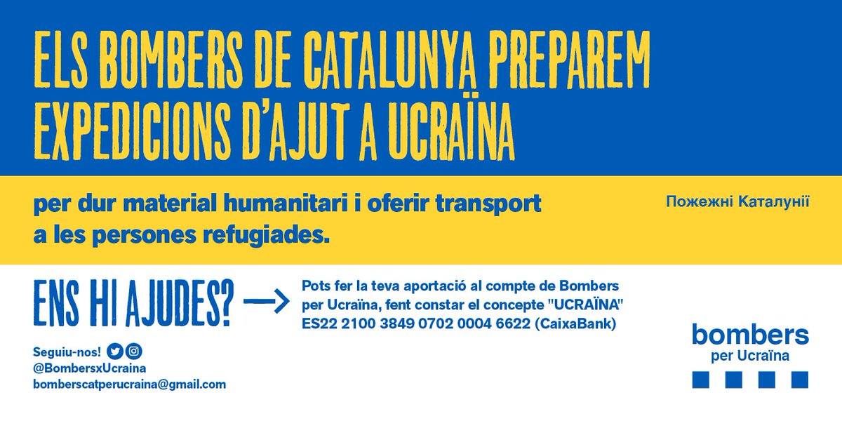 BombersxUcraina's tweet photo. 🚒🟦🟨Bombers de Catalunya preparem una expedició d'#AjudaUcraïna per dur material humanitari, oferir transport a persones refugiades i portar-les cap a Catalunya. 

🙌Ajuda'ns i fes un donatiu a  ES22 2100 3849 0702 0004 6622

#BombersxUcraïna #SolidaritatUcraïna https://t.co/PIMe4l7hta